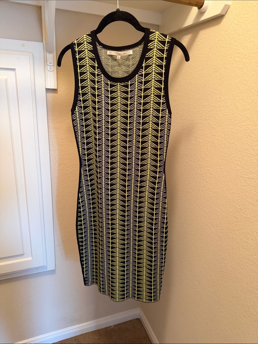 Rachel Roy Sleeveless Black Knit Midi Dress with Yellow Geometric Pattern